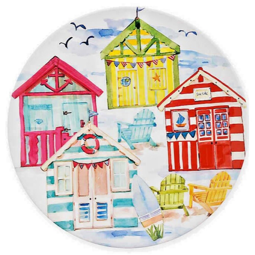 Beach Cabana Melamine 11" Dinner Plates Tropical Seascapes Coastal Set of 4
